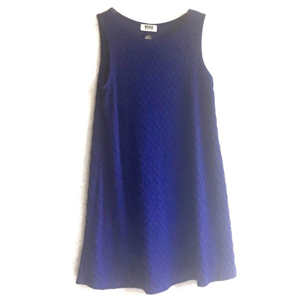 Verse Sleeveless A-Line High Neck Textured Knee Length Dress Size M Blue Tent
